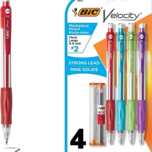 BIC Velocity Strong Lead Mechanical Pencils, With Colorful Barrel, Thick Point (0.9mm), 4-Count Pack Mechanical Pencils With Erasers