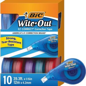 BIC Wite-Out Brand EZ Correct Correction Tape, 39.3 Feet, 10-Count Pack of white Correction Tape, Fast, Clean and Easy to Use Tear-Resistant Tape Office or School Supplies
