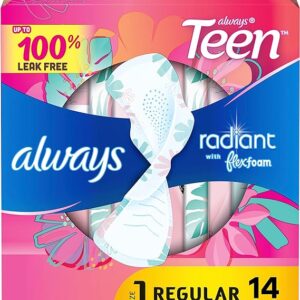 Always Radiant Teen Feminine Pads For Women, Size 1 Regular Absorbency, With Flexfoam, With Wings, Unscented, 14 Count