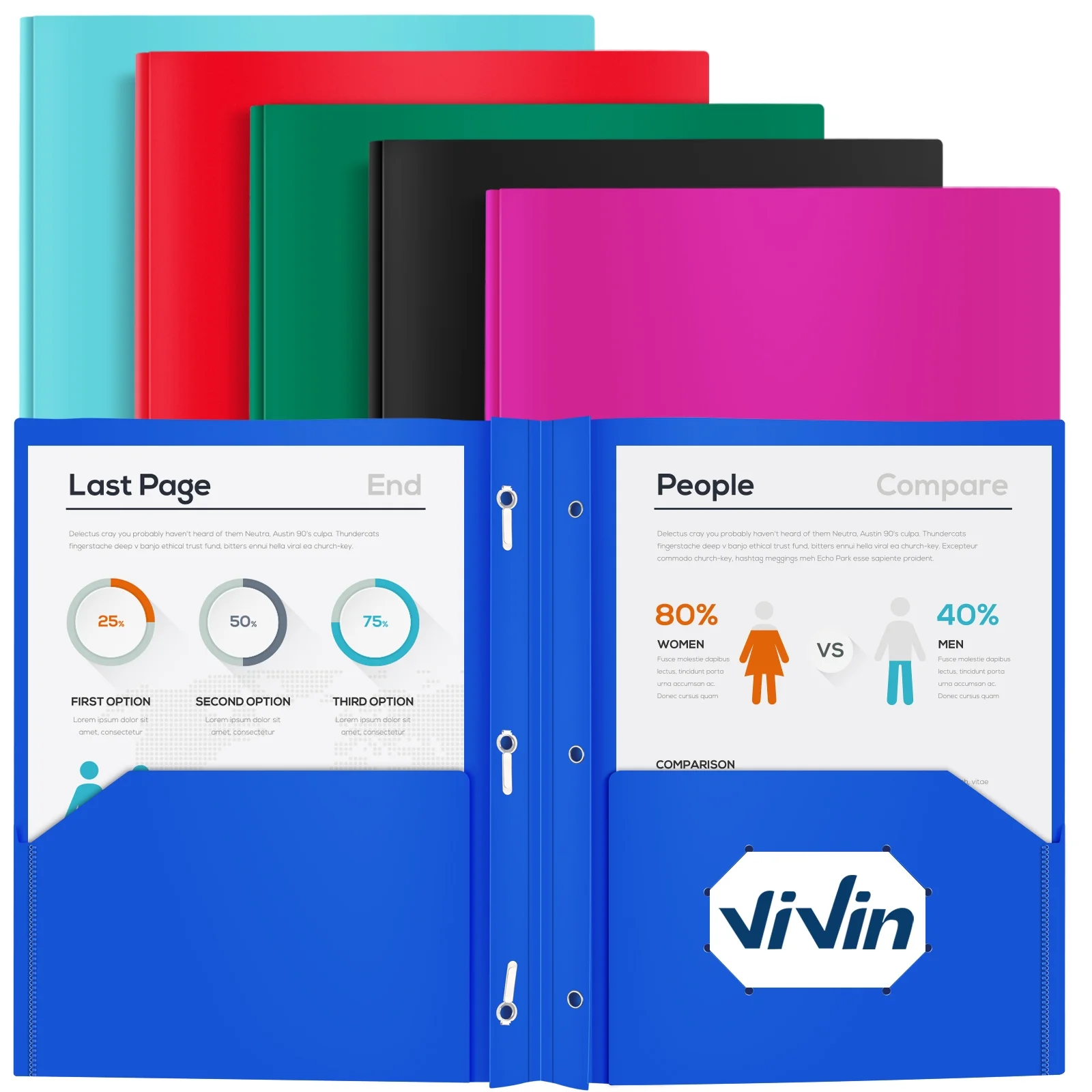 ViVin Heavy-duty Plastic Folder with 2 Pocket and 3-Prong Fasteners 12 Pack, Letter Size Assorted Colors